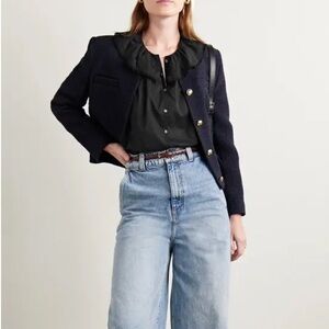 Doen Black Organic Cotton Lace Trim Collar Semi-Sheer Long Wide Sleeve Blouse